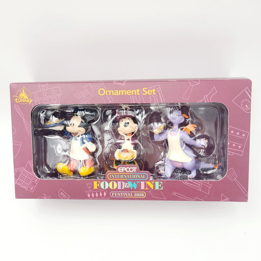 2026 Disney Parks Epcot Food & Wine Mickey Minnie Figment 3 Pc Ornament Set New