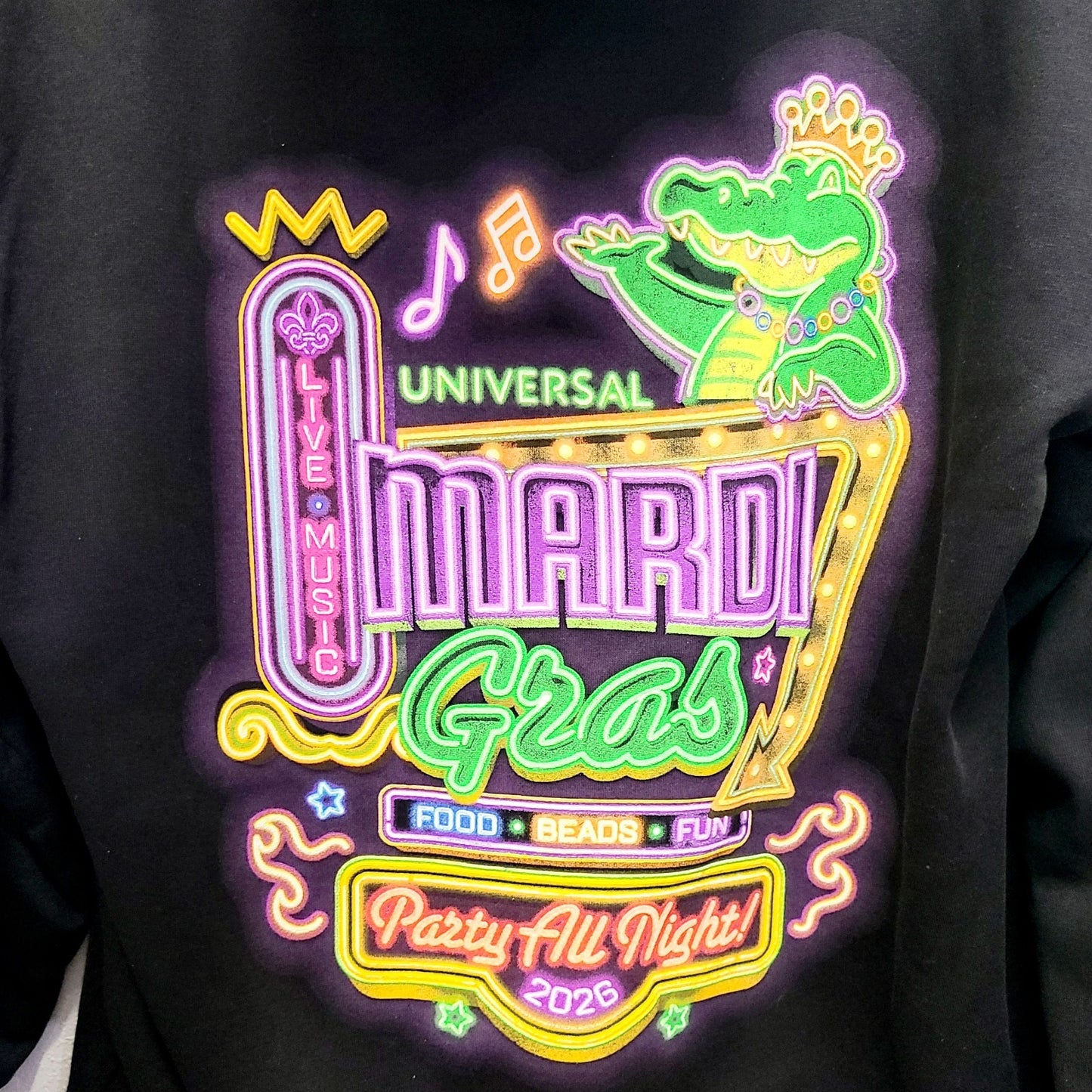LARGE 2026 Universal Studios Mardi Gras King Gator Pull Over Hoodie Sweatshirt