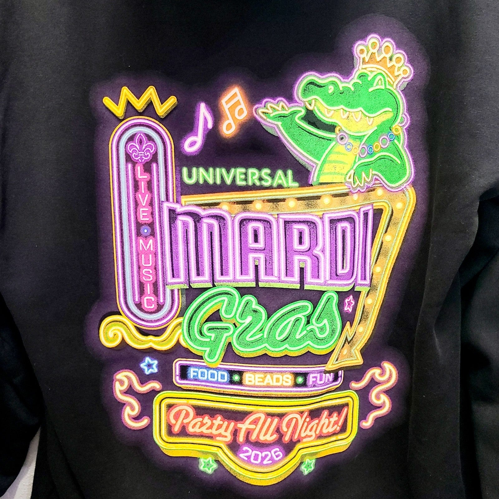 LARGE 2026 Universal Studios Mardi Gras King Gator Pull Over Hoodie Sweatshirt
