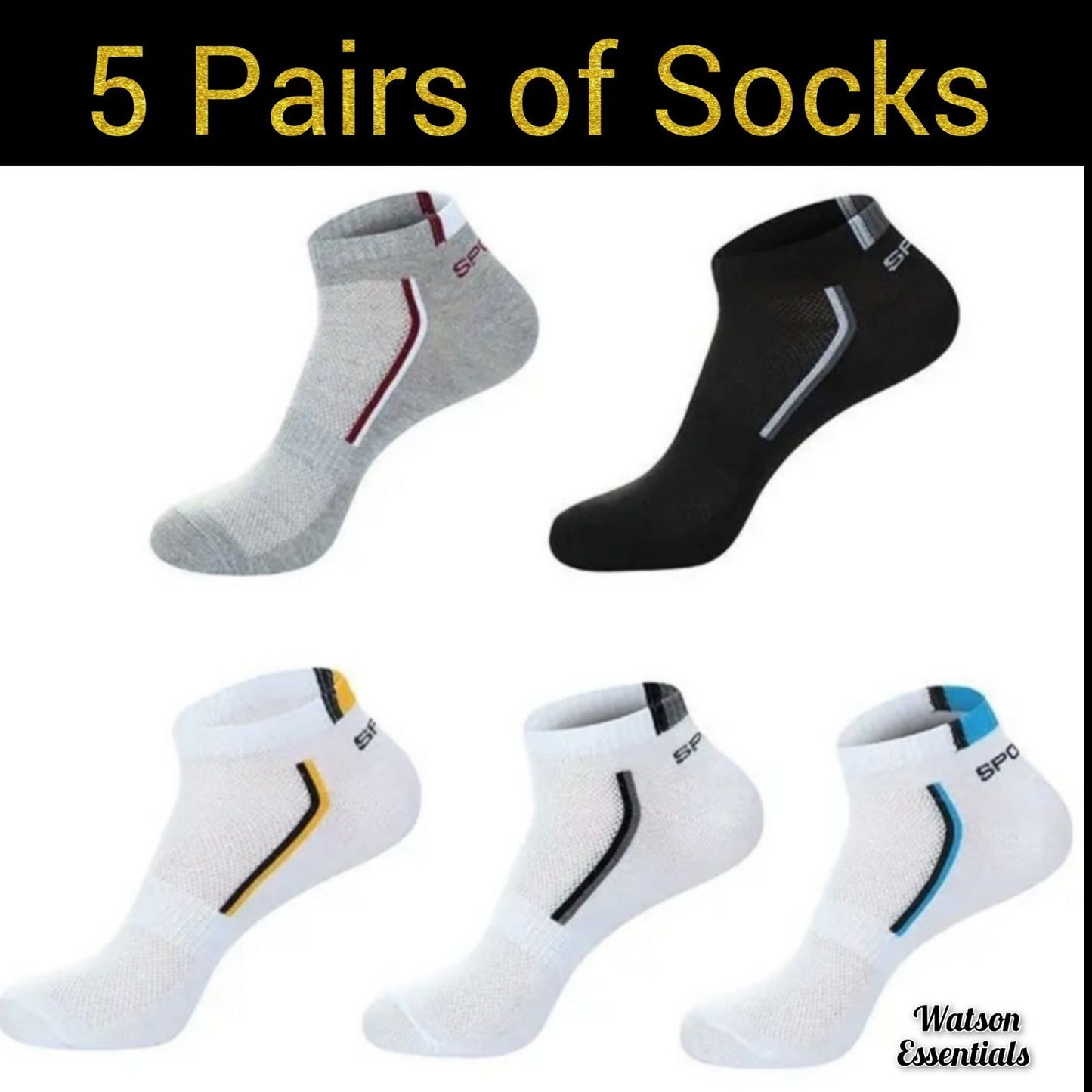 5 Pairs Men / Women Sport Stripe Cotton Bamboo Socks Ankle Low Cut Nonslip Pack