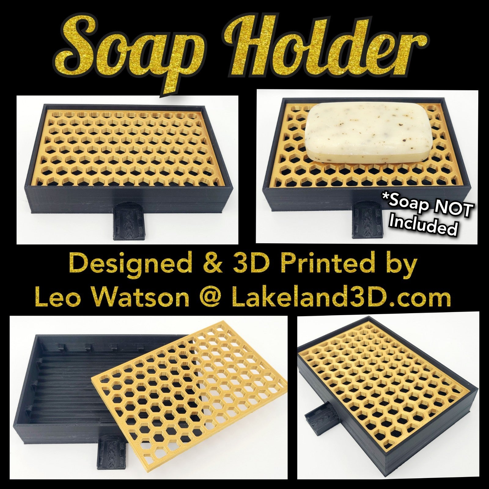 Soap Holder w/ Spout 3D Printed Black & Gold Decor Gift Decoration Lakeland3D