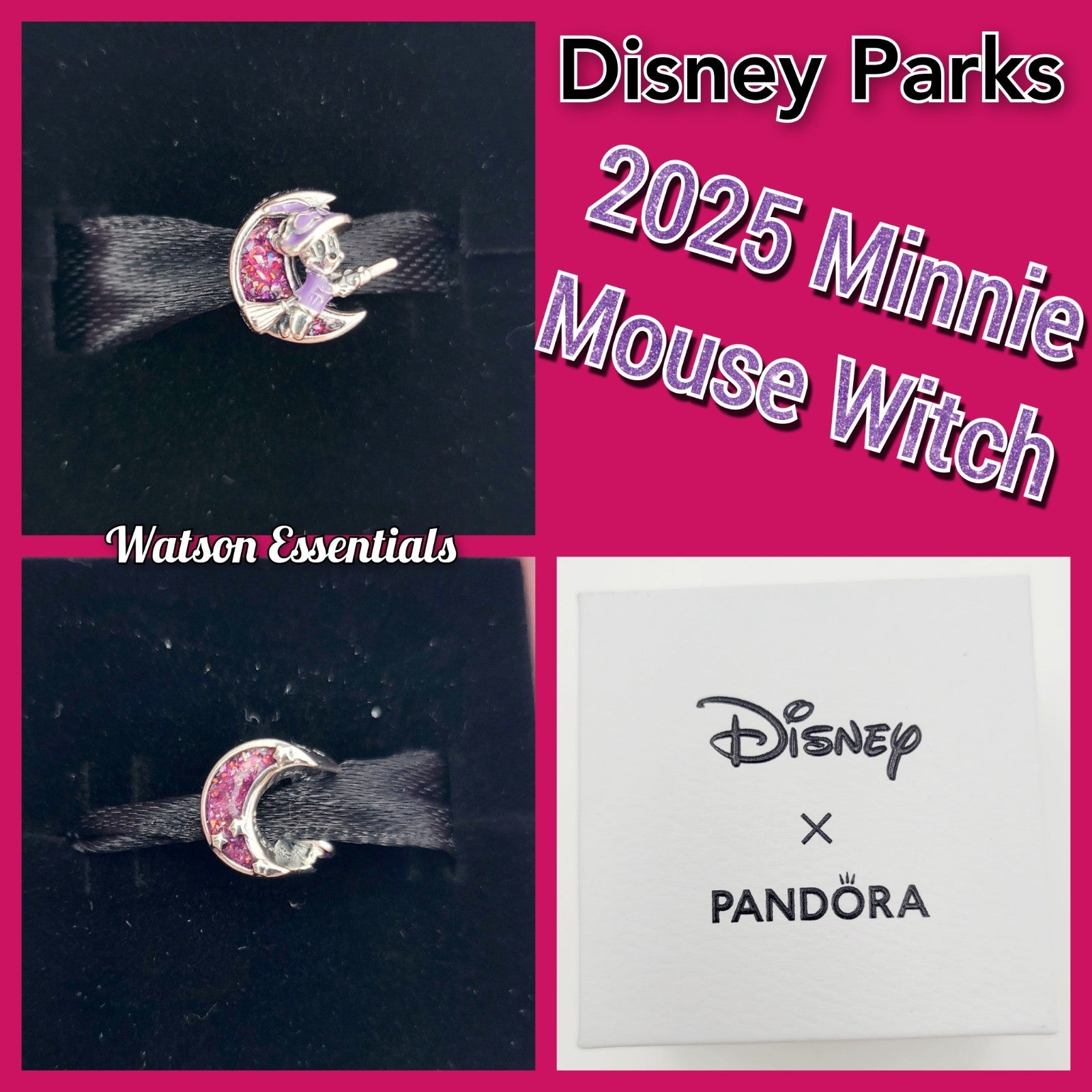2025 Disney Parks Minnie Mouse Flying Witch Halloween Pandora Charm Glow In Dark