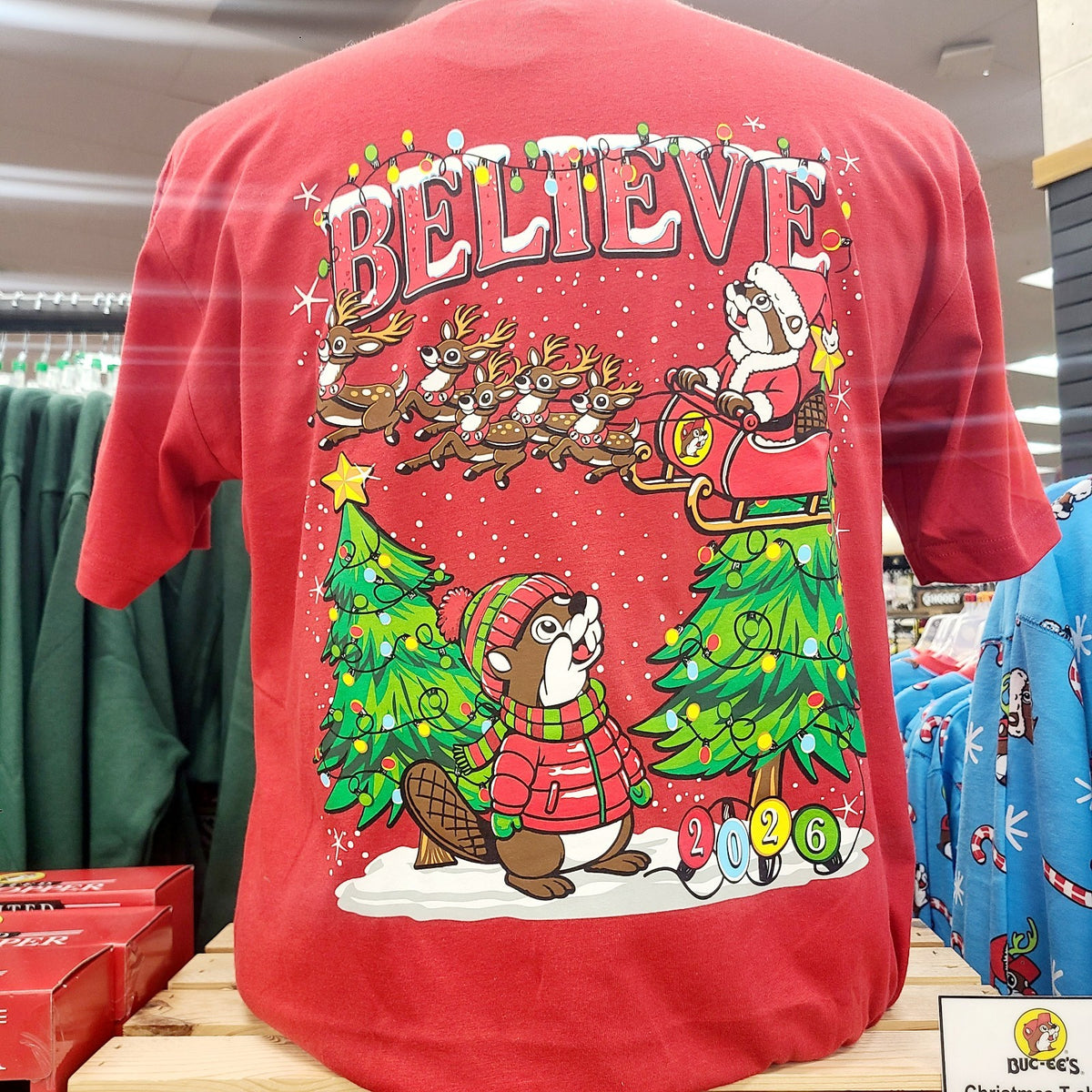 LARGE 2026 Buc-ee's Christmas Tree Shirt BELIEVE Bucees Beaver Reindeer Lights