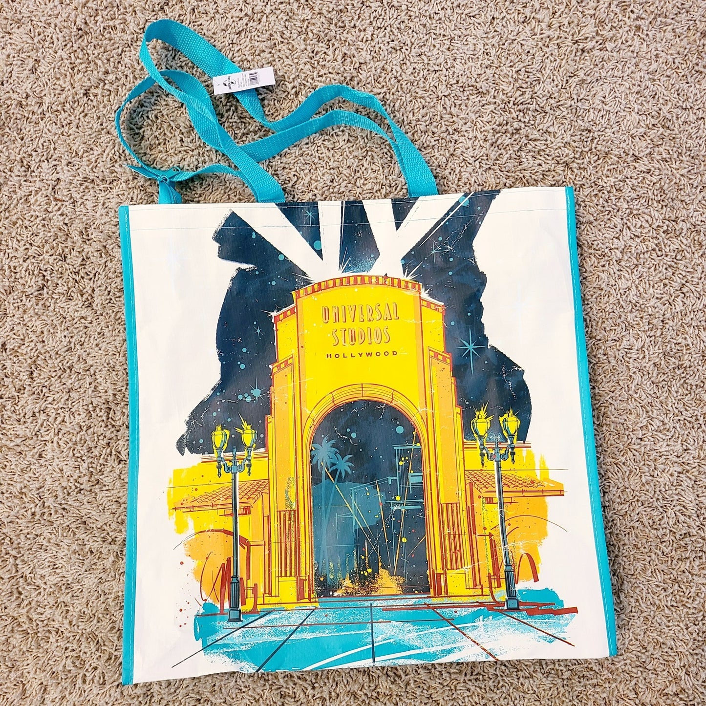 NEW Universal Studios Reusable Tote Teal Orlando & Hollywood with Zipper 17”