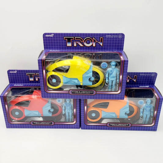 Disney Parks Super7 ReAction Figures Tron Lightcycle Set Red Yellow Orange Set