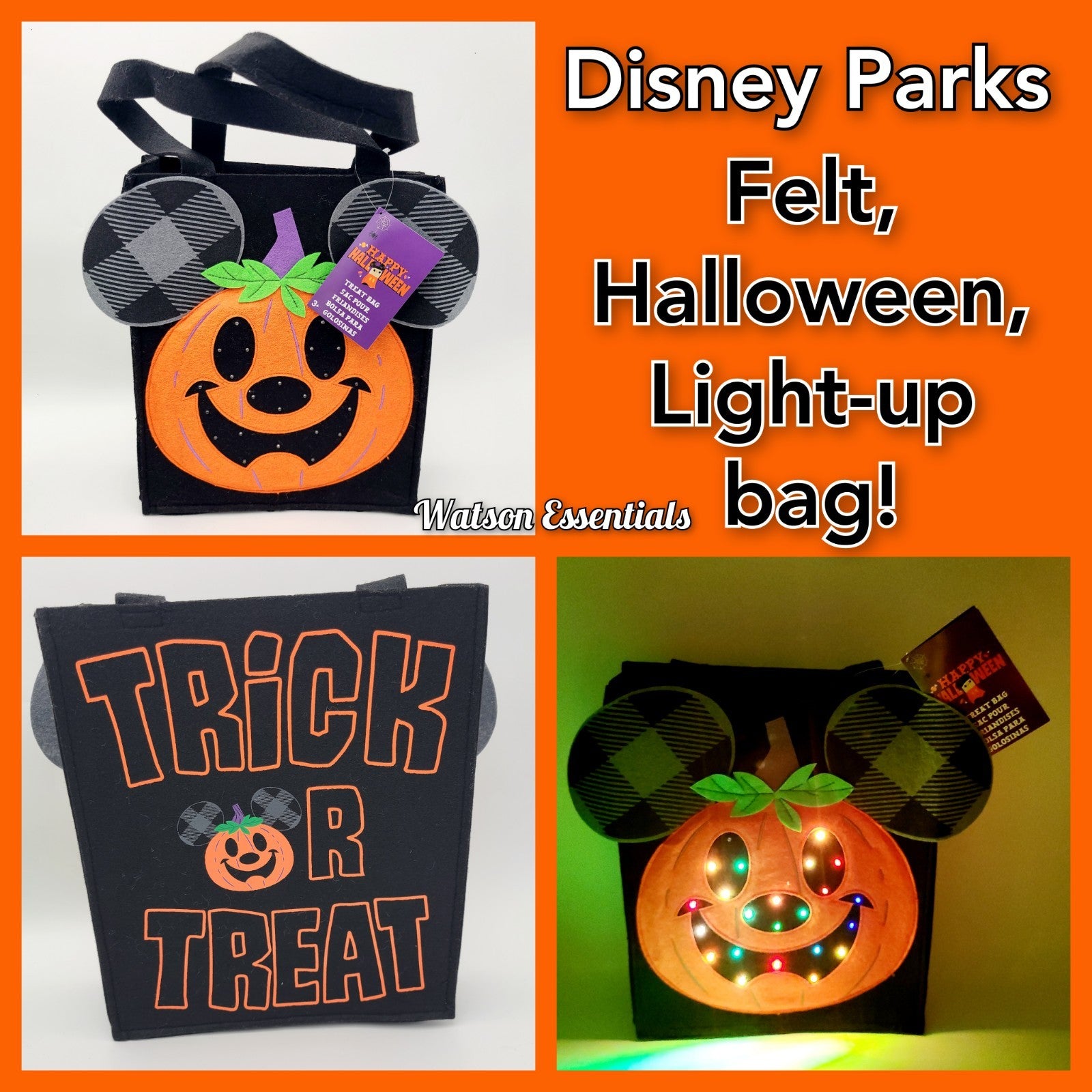 Disney Parks Mickey Jack-o'-Lantern Pumpkin 🎃 Felt Light-Up Halloween Candy Bag