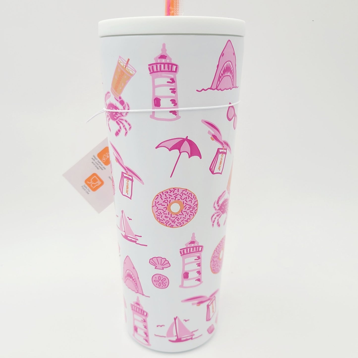RARE Dunkin’ Donuts Coffee Summer 2026 TUMBLER White w/Straw Pink Crab Shark NWT