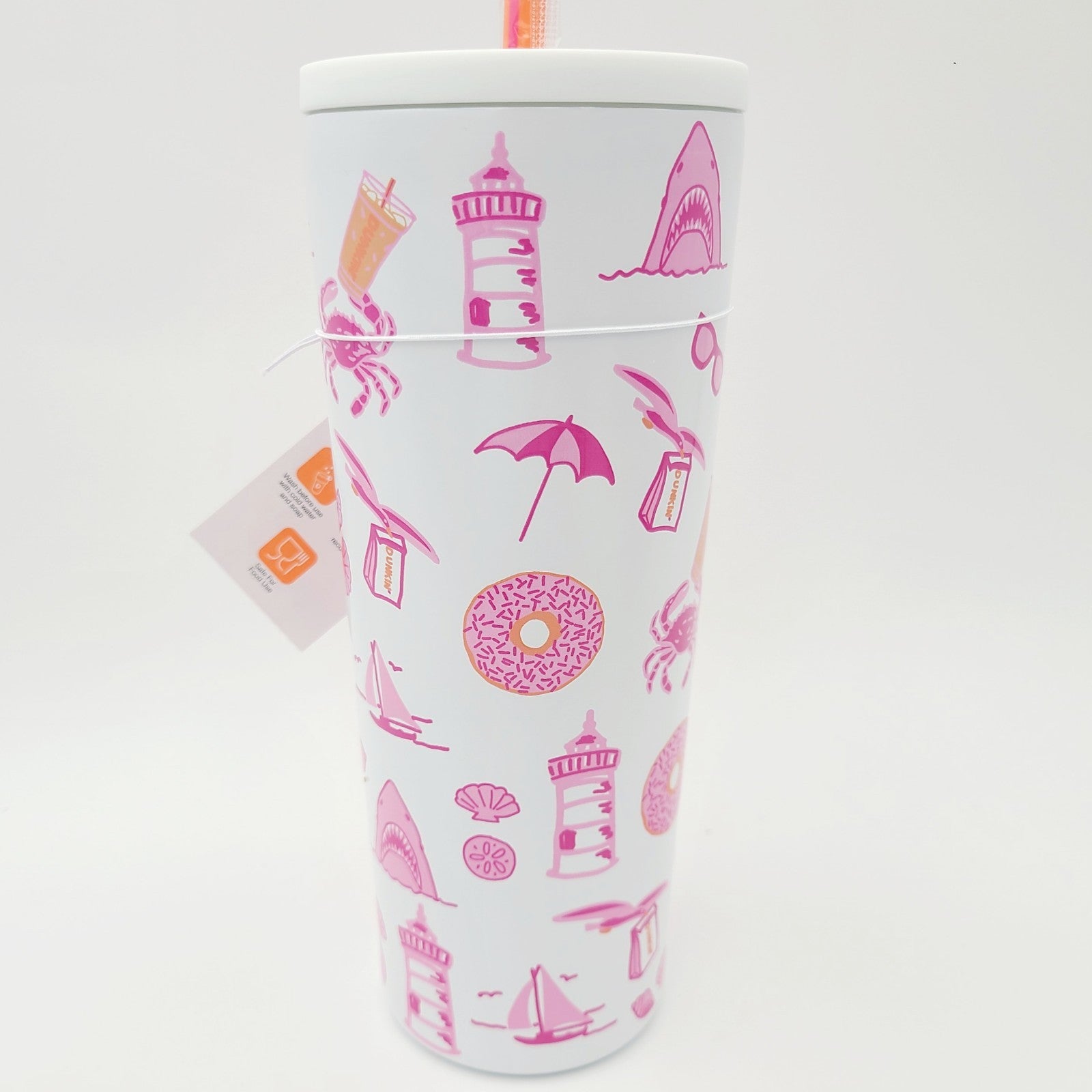 RARE Dunkin’ Donuts Coffee Summer 2026 TUMBLER White w/Straw Pink Crab Shark NWT