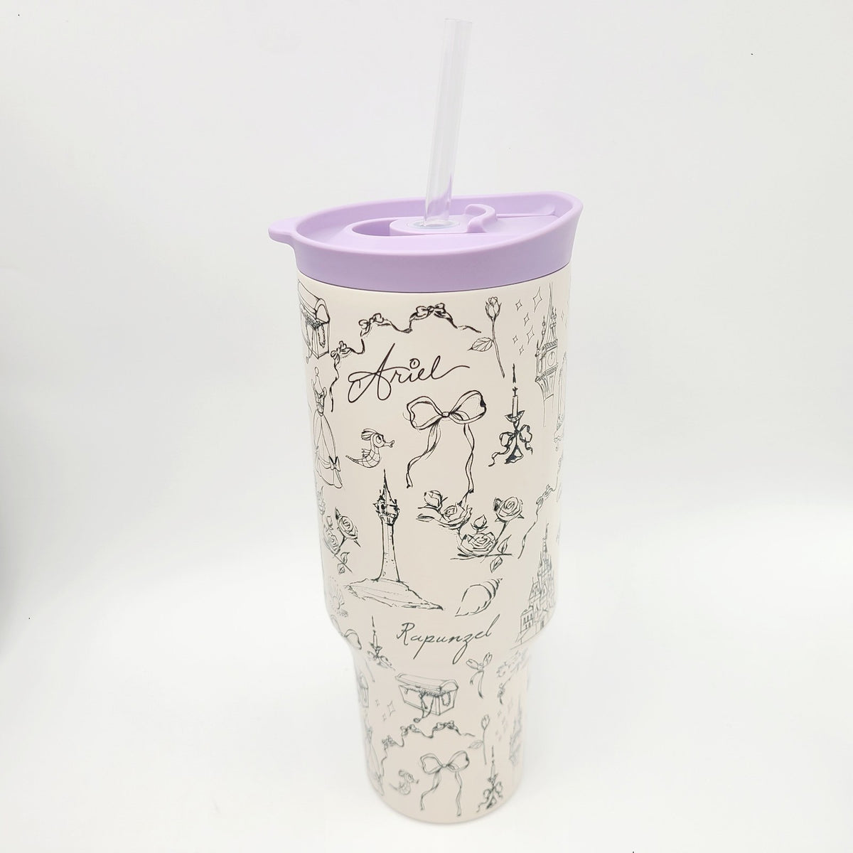 Disney Parks Princess Travel Tumbler Belle Ariel Castle Slipper W/ Straw 40 OZ.