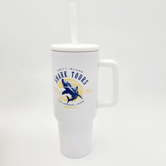 Universal Studios Jaws Shark Tours 40 Oz Tumbler New Orlando Florida 50th Anniv