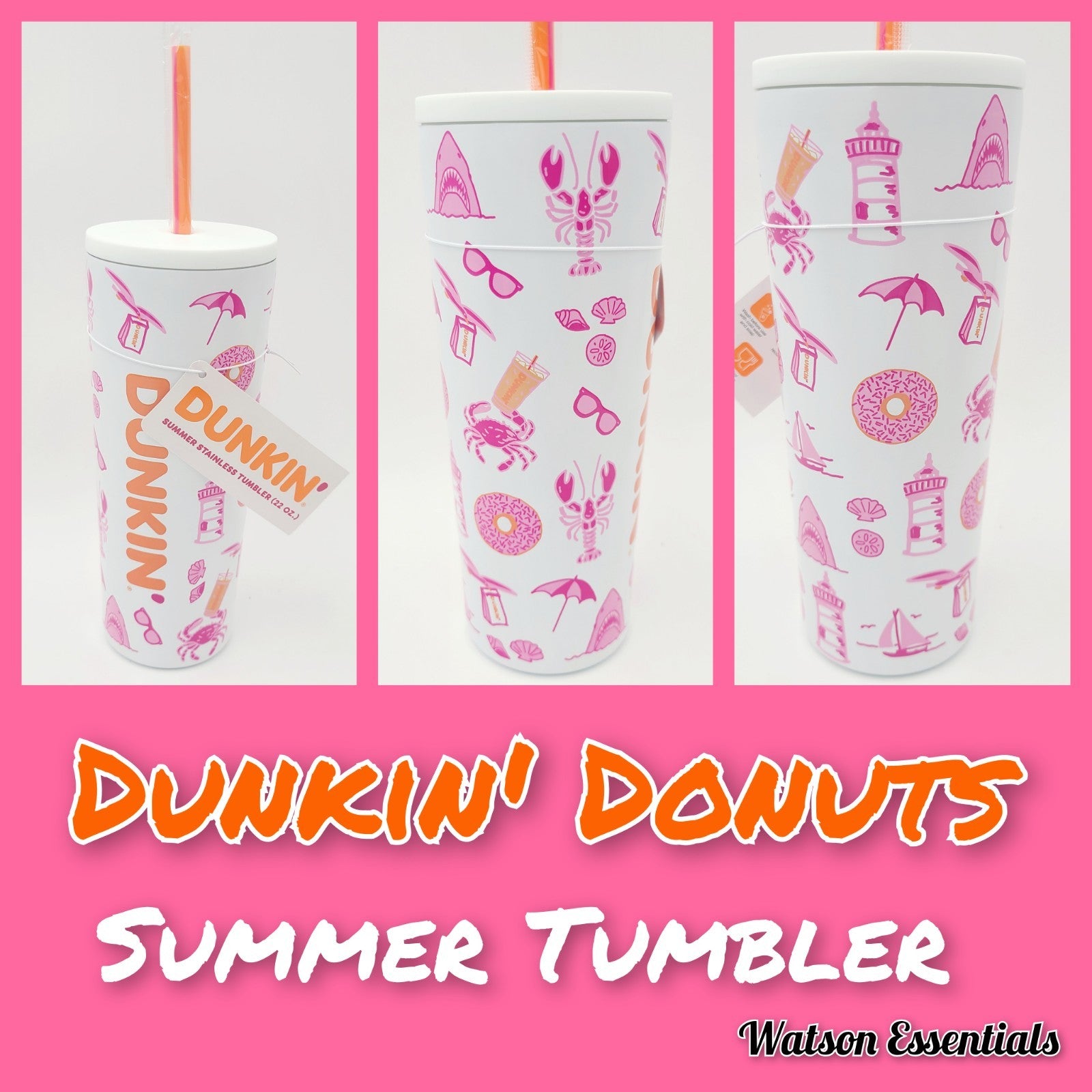 RARE Dunkin’ Donuts Coffee Summer 2026 TUMBLER White w/Straw Pink Crab Shark NWT