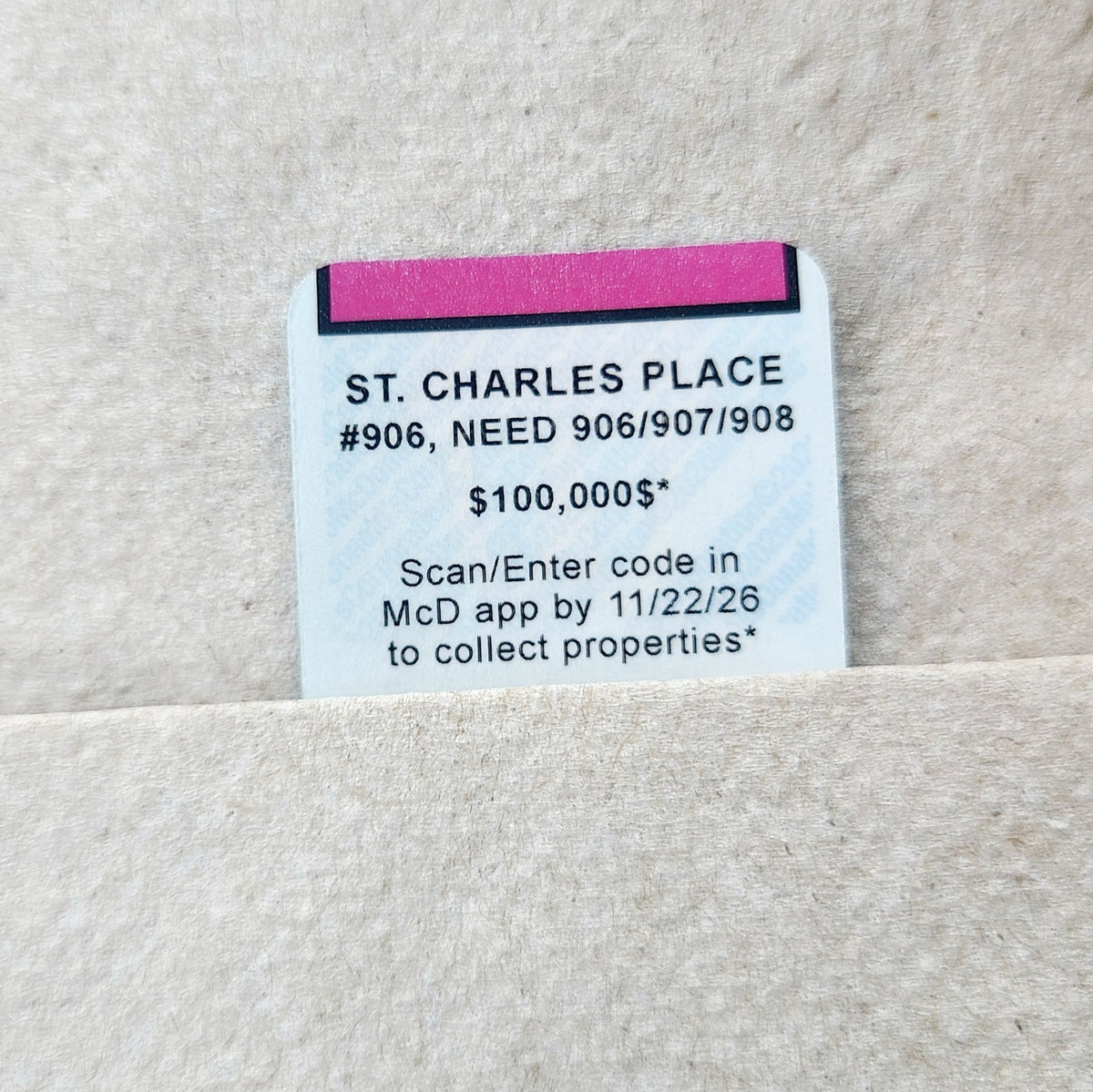 2026 McDonald's Monopoly St. Charles Place #906 Property Token Game UNREDEEMED