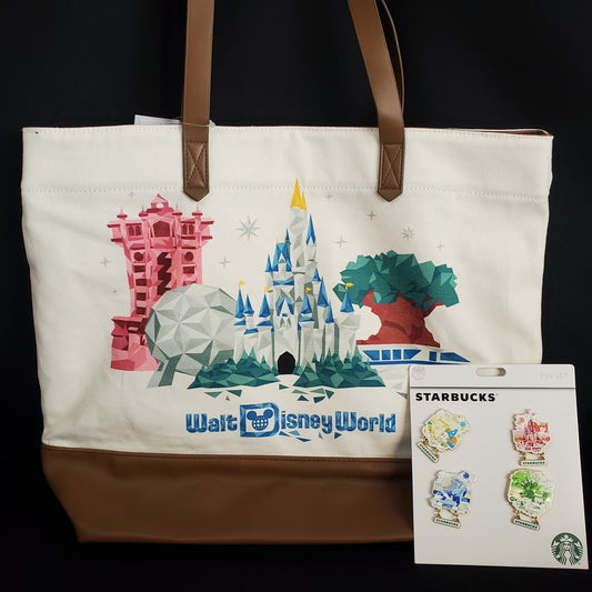 *Starbucks Tote & 50th 4 Pin Set* 2021 Disney Parks Icons Magic Kingdom EPCOT 