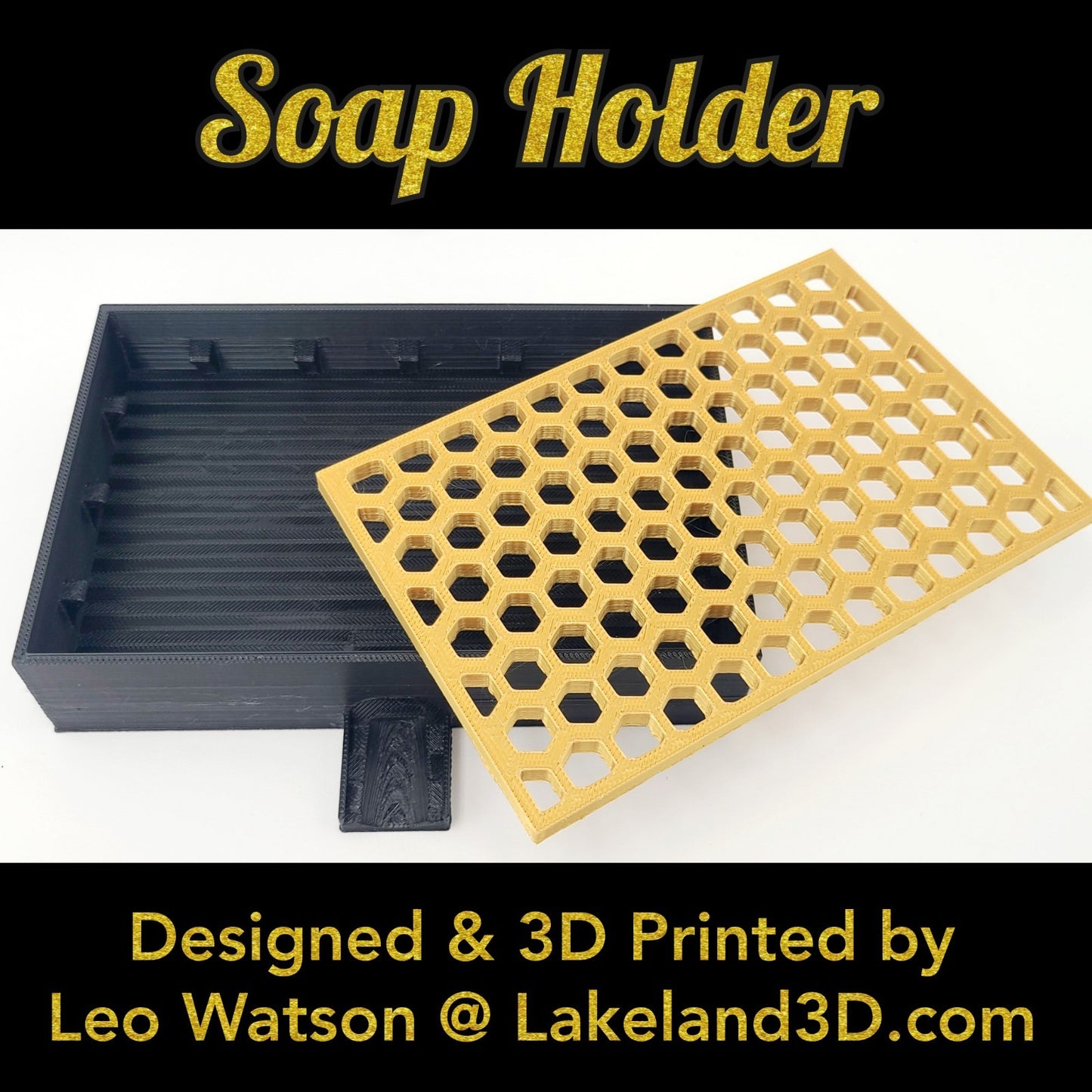 Soap Holder w/ Spout 3D Printed Black & Gold Decor Gift Decoration Lakeland3D