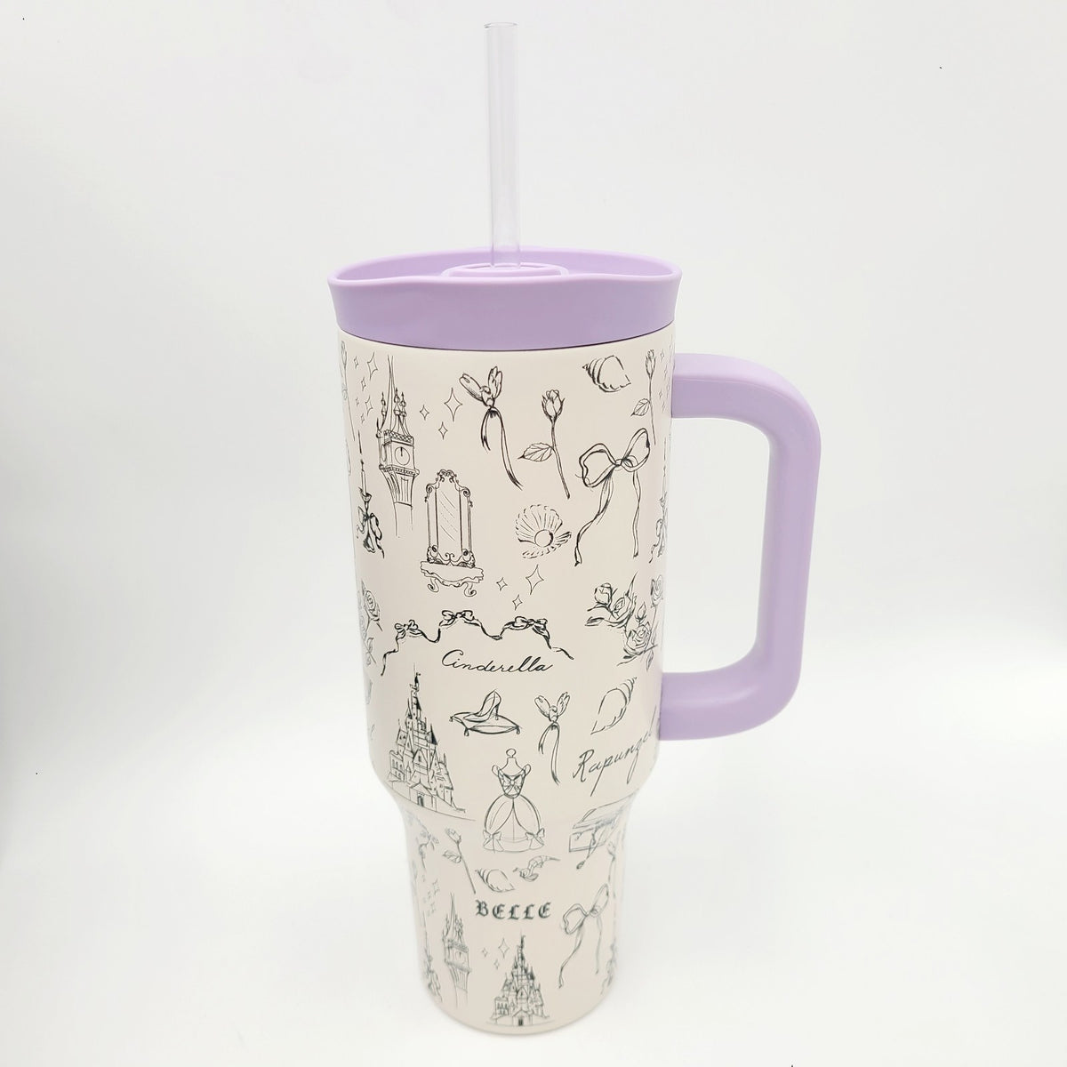 Disney Parks Princess Travel Tumbler Belle Ariel Castle Slipper W/ Straw 40 OZ.