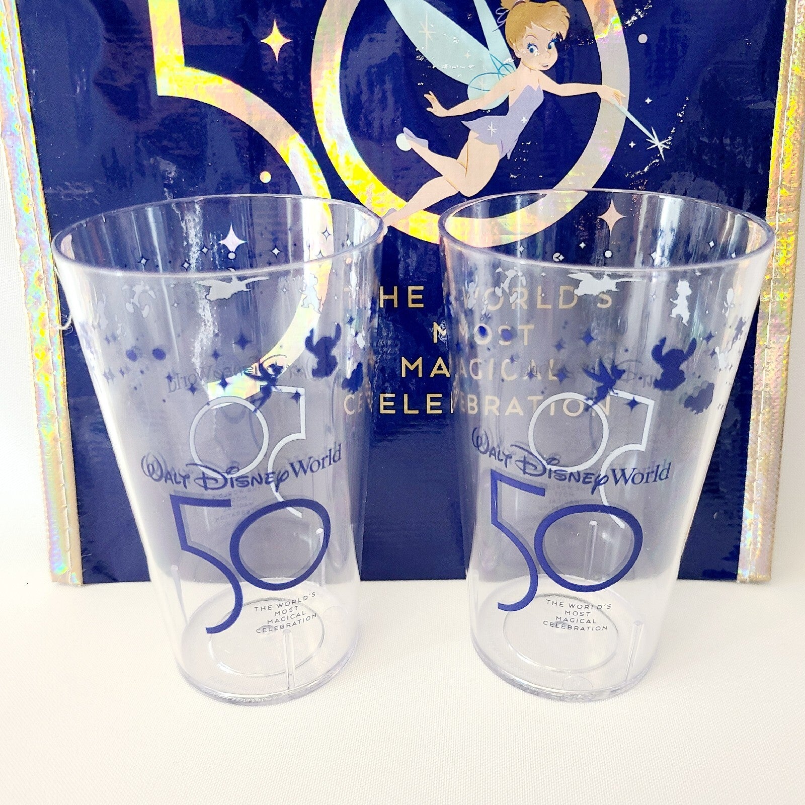 Set Of 2 Walt Disney World 50th Anniversary Clear Plastic Cup Blue Letters + Bag