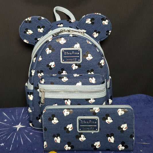 *Loungefly Mini Backpack & Wallet Set* Disney Park Mickey Mouse Blue Denim NEW
