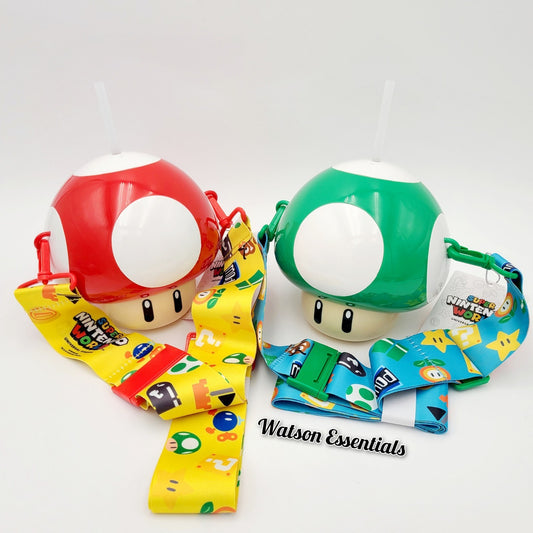 *2 Mushroom Sipper* Super Nintendo World Green Drink Cup Studio Mario EPIC 1-UP