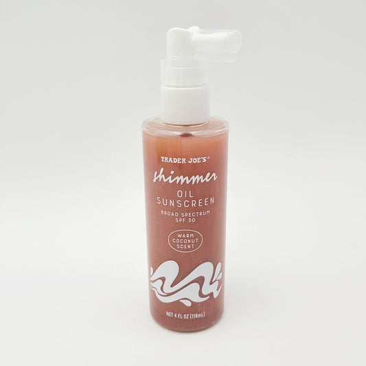 NEW Trader Joe's Shimmer Oil Sunscreen SPF 30 4 fl oz LIMITED Warm Coconut Scent