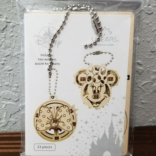 NEW Disney Parks UGEARS Keychain Set Minnie Mouse & Bow Dots 2 Wooden Puzzles