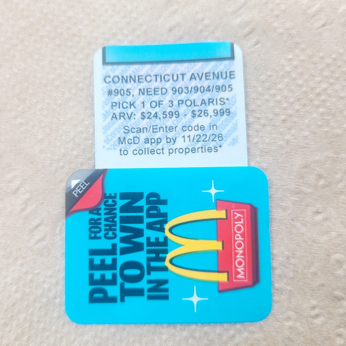 2026 McDonald's Monopoly Game Piece Not Used Connecticut Ave Light Blue #905