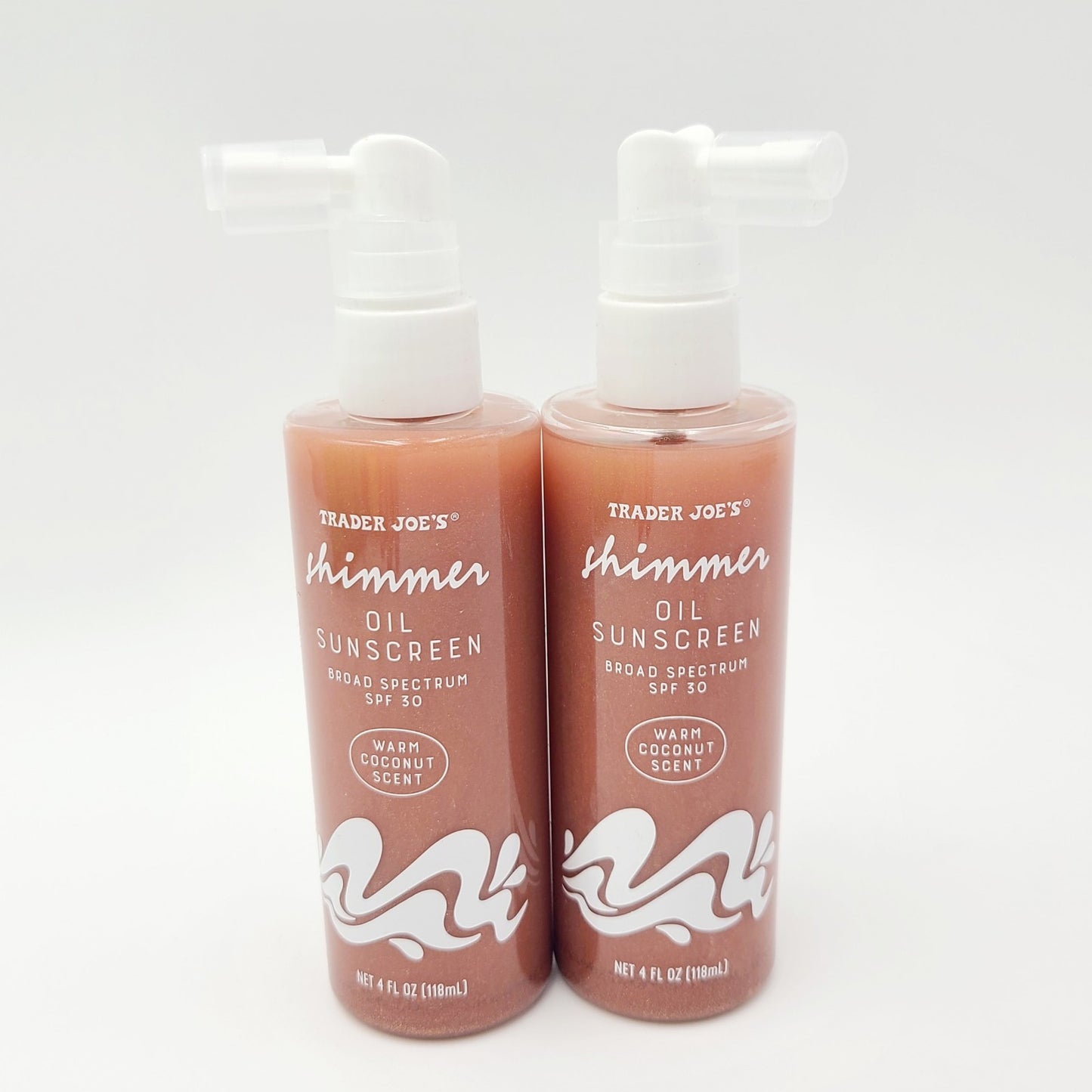 (2) Trader Joe's Shimmer Oil Sunscreen SPF 30 4 fl oz LIMITED Warm Coconut Scent