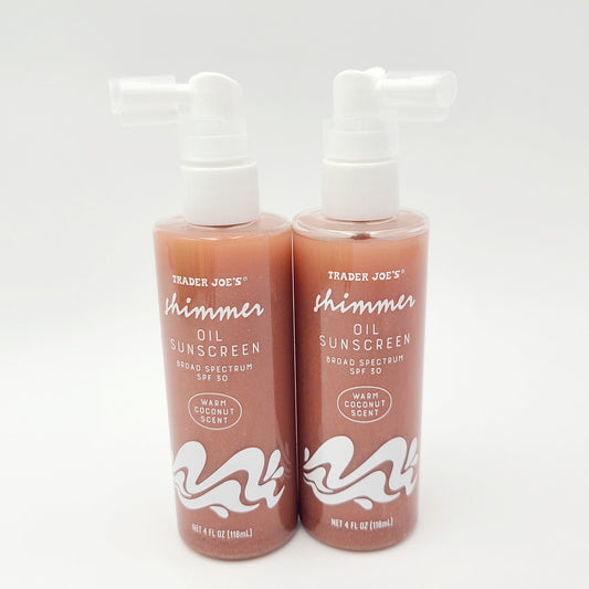 (2) Trader Joe's Shimmer Oil Sunscreen SPF 30 4 fl oz LIMITED Warm Coconut Scent